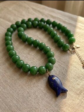 Anthropologie Green Beaded Necklace with Blue Lapis Fish Pendant